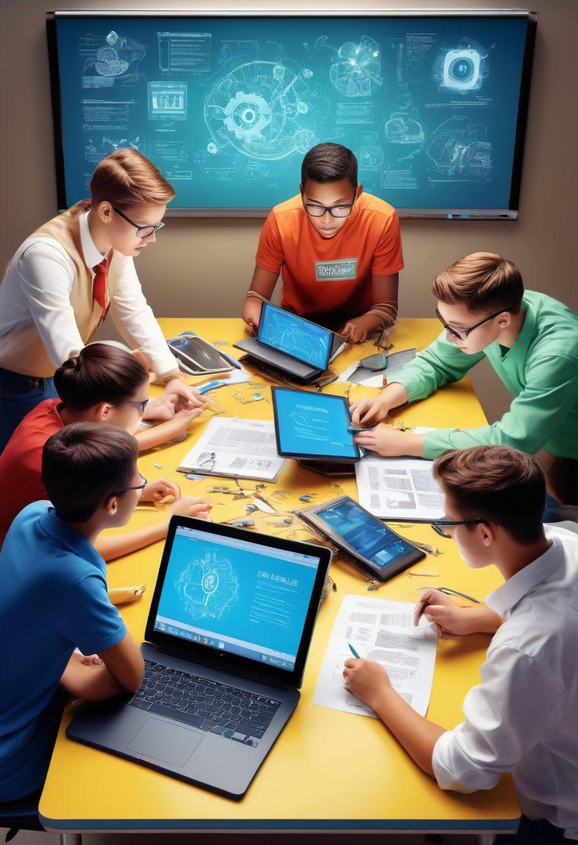 A diverse group of students collaborating over a digital table filled with technical tools, textbooks, gears, and laptops. Bright, inspiring classroom environment with posters of famous inventors and motivational quotes on the walls. Emphasize technology and teamwork, showcasing enthusiasm for learning. Super-realistic. vibrant colors. 3D.