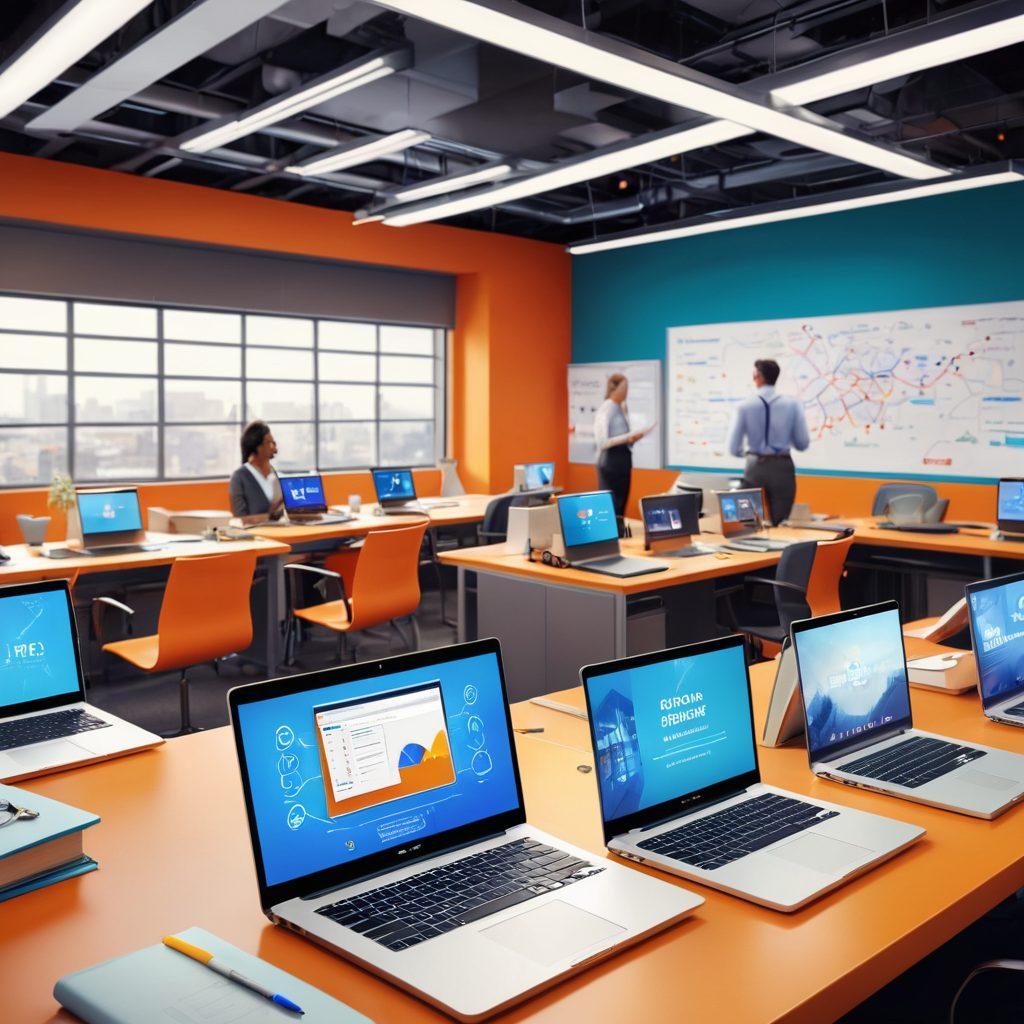 A dynamic classroom scene blending into a vibrant corporate setting, showcasing students collaborating with industry professionals. Include elements like laptops, books, and a roadmap to symbolize growth and opportunities. The background should transition from a traditional classroom to a modern office space, representing the journey from education to career. super-realistic. vibrant colors. 3D.